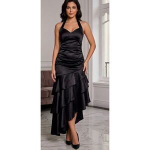 Juno Collection Satin Ruched Asymmetric Sleeveless Halter Dress Women's Size XS